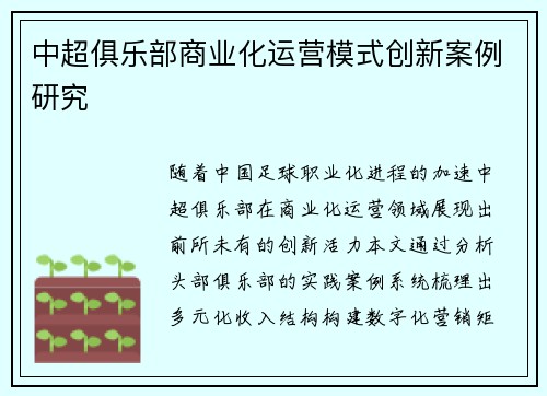 中超俱乐部商业化运营模式创新案例研究